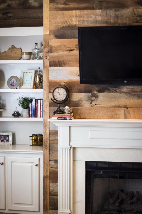 A living room with a fireplace and bookshelves