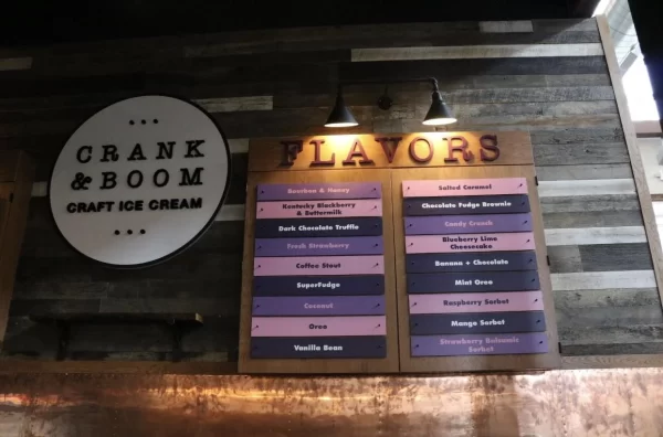 A sign for crank & boom ice cream
