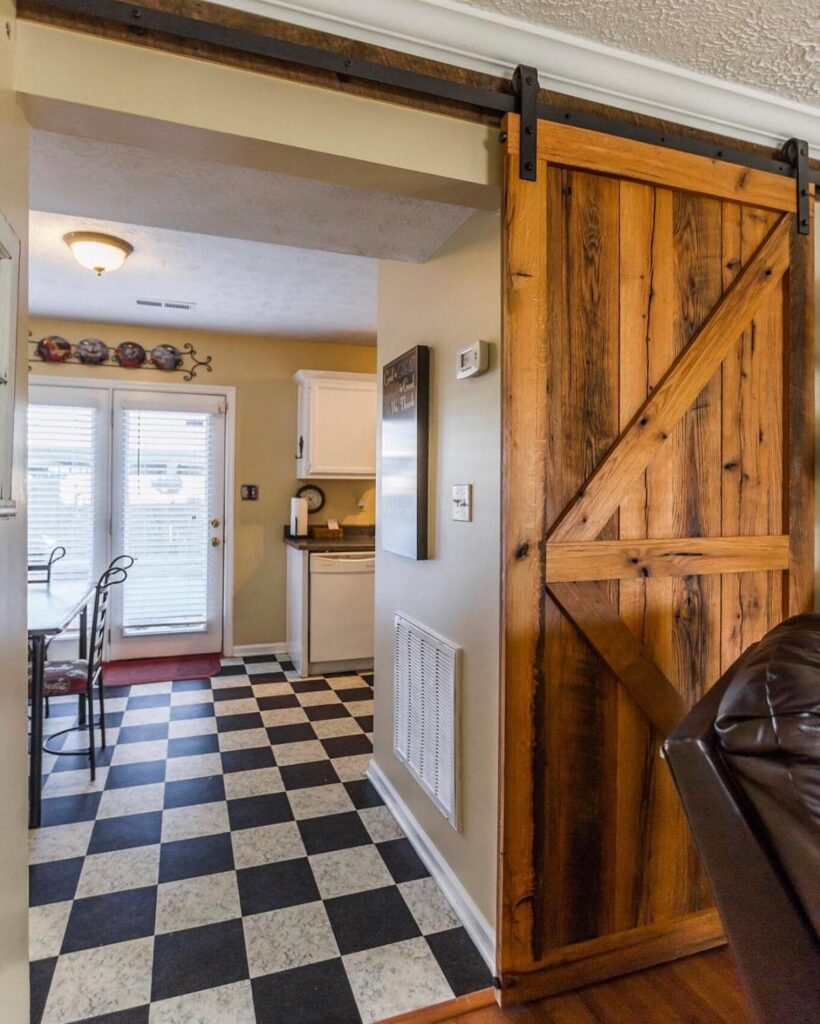 an opened z-pattern Barndoor of a kitchen