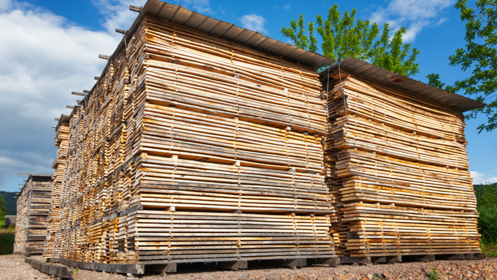 reclaimed wood planks in a lumber yard