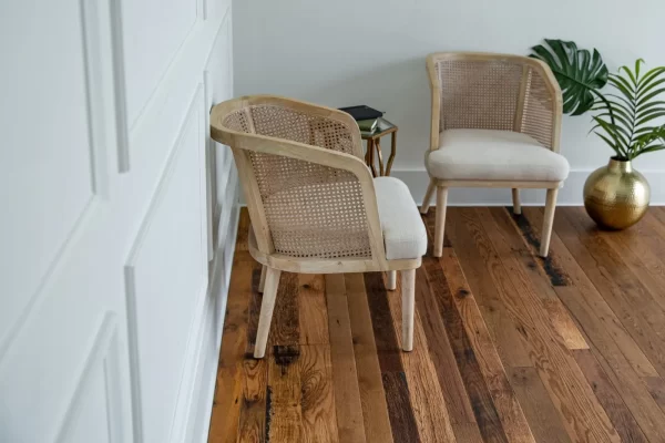 Two chairs in a room with hardwood floors.