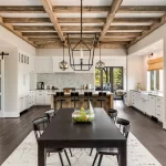 The dining room with reclaimed wood box beams