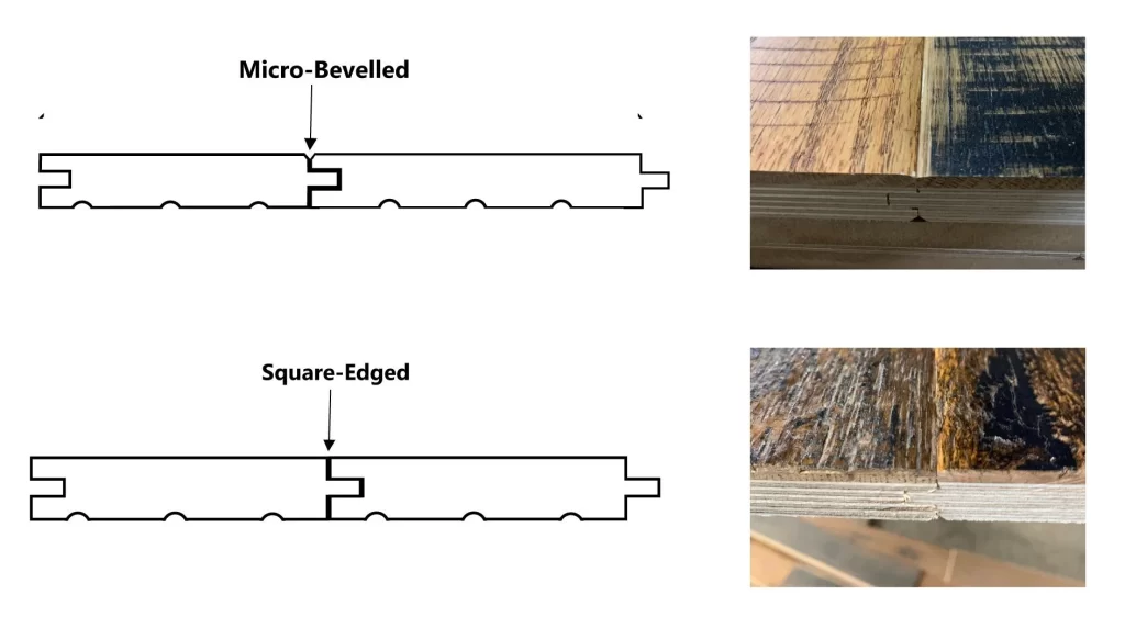 Milling specifications of a micro-bevelled tongue and groove plank and a square edged tongue and groove plank