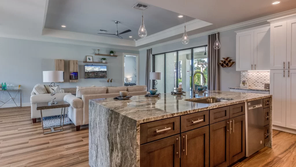 Luxury kitchen with waterfall countertop island