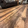 fence oak engineered flooring skip planed and wirebrushed living room with dark brown sofa