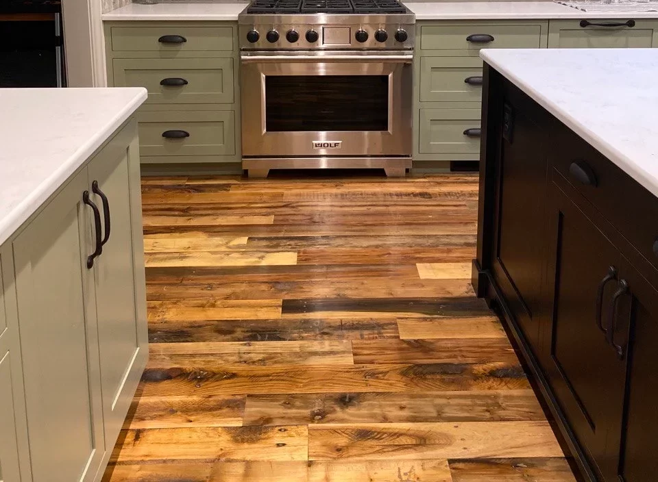 industrial oak flooring in modern kitchen setting