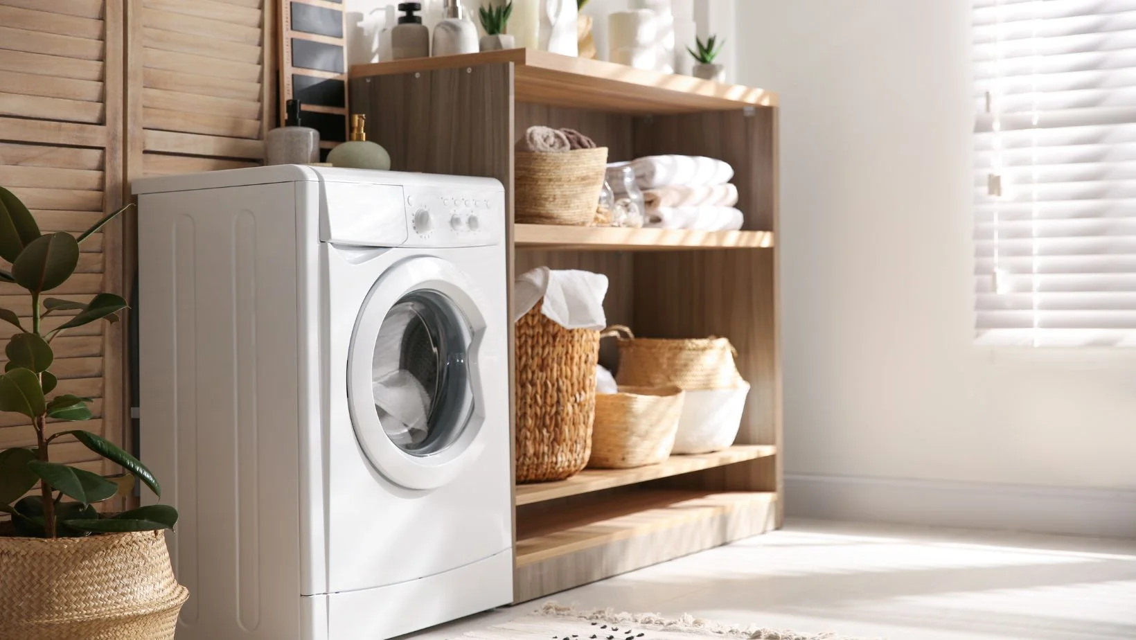 modern shelving unit in laundry room