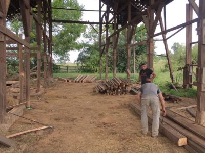 Two men in the process of removing boards from an antique tobacco barn in order to reclaim the timbers and planks